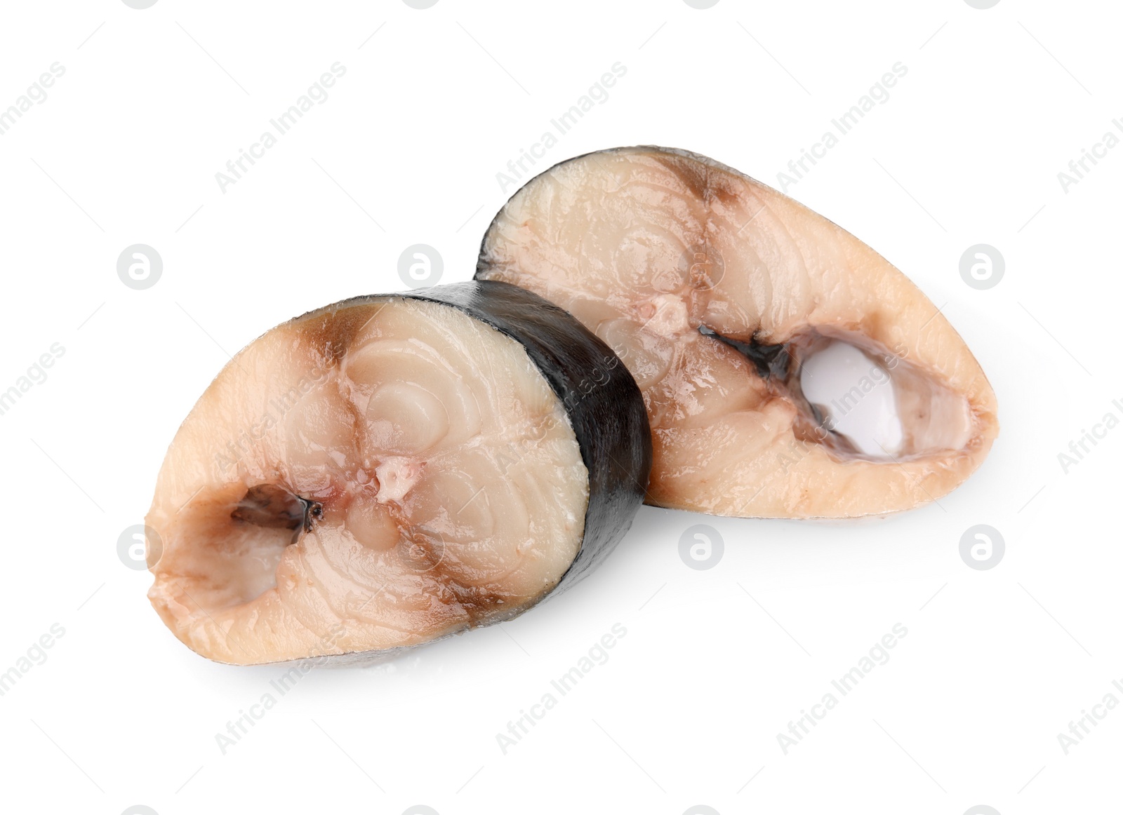 Photo of Pieces of mackerel fish on white background, top view