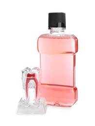Photo of Educational model of tooth and mouthwash on white background