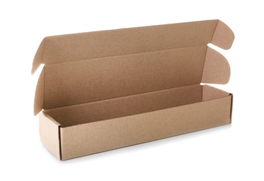 Photo of Open empty cardboard box on white background