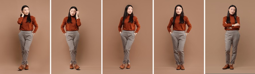 Image of Full length portrait of Asian woman on brown background, set with photos