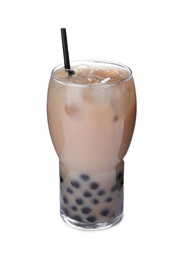 Photo of Bubble milk tea with tapioca balls in glass isolated on white