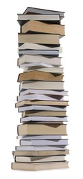 Photo of High stack of many different books isolated on white