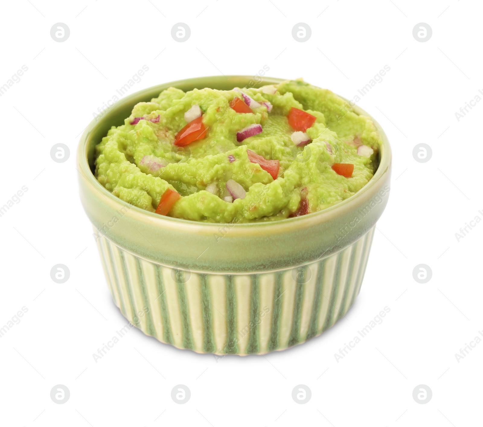 Photo of Bowl of delicious guacamole isolated on white