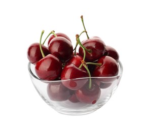 Photo of Tasty ripe sweet cherries in glass bowl isolated on white
