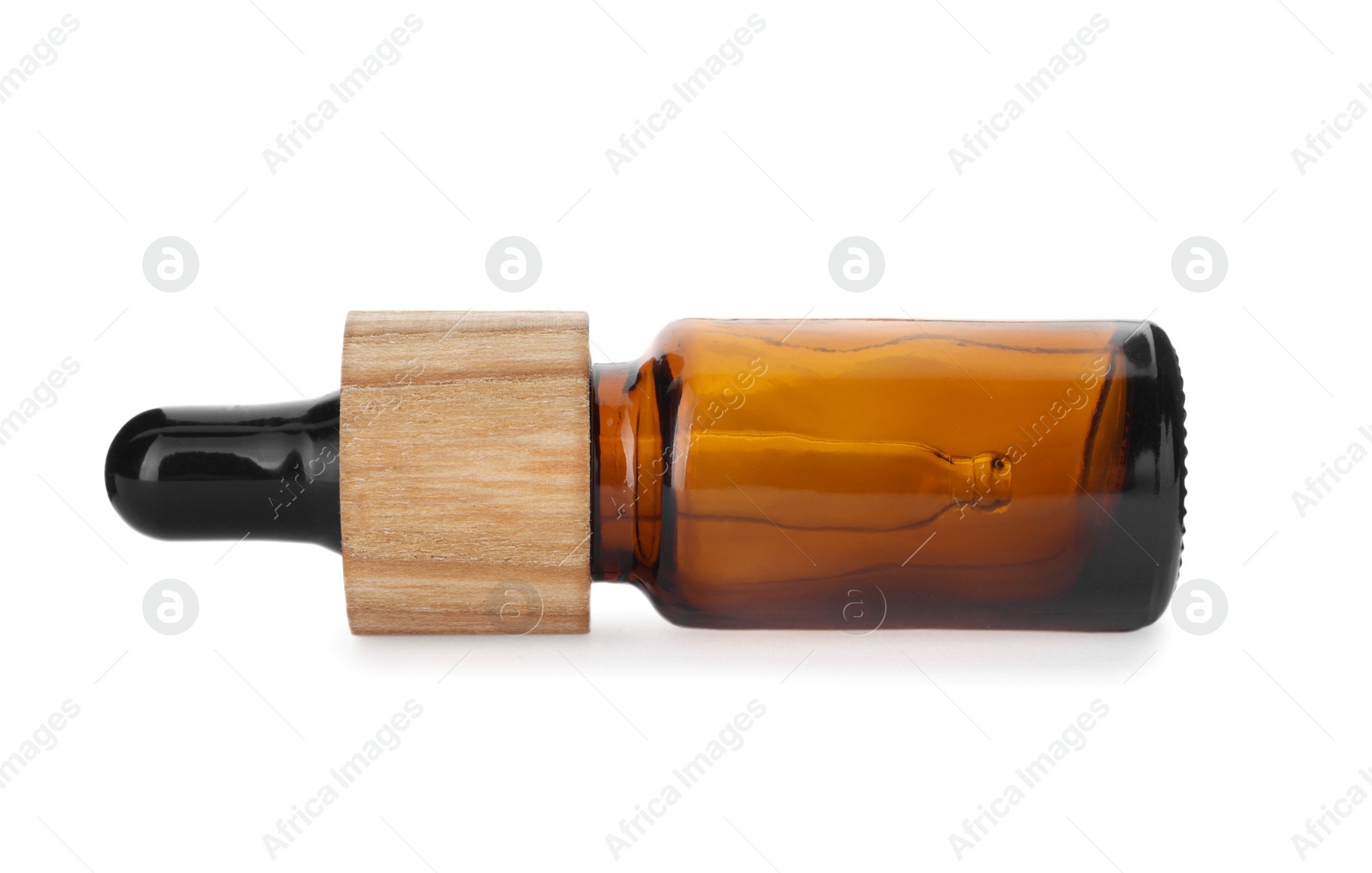 Photo of New empty glass bottle with dropper isolated on white