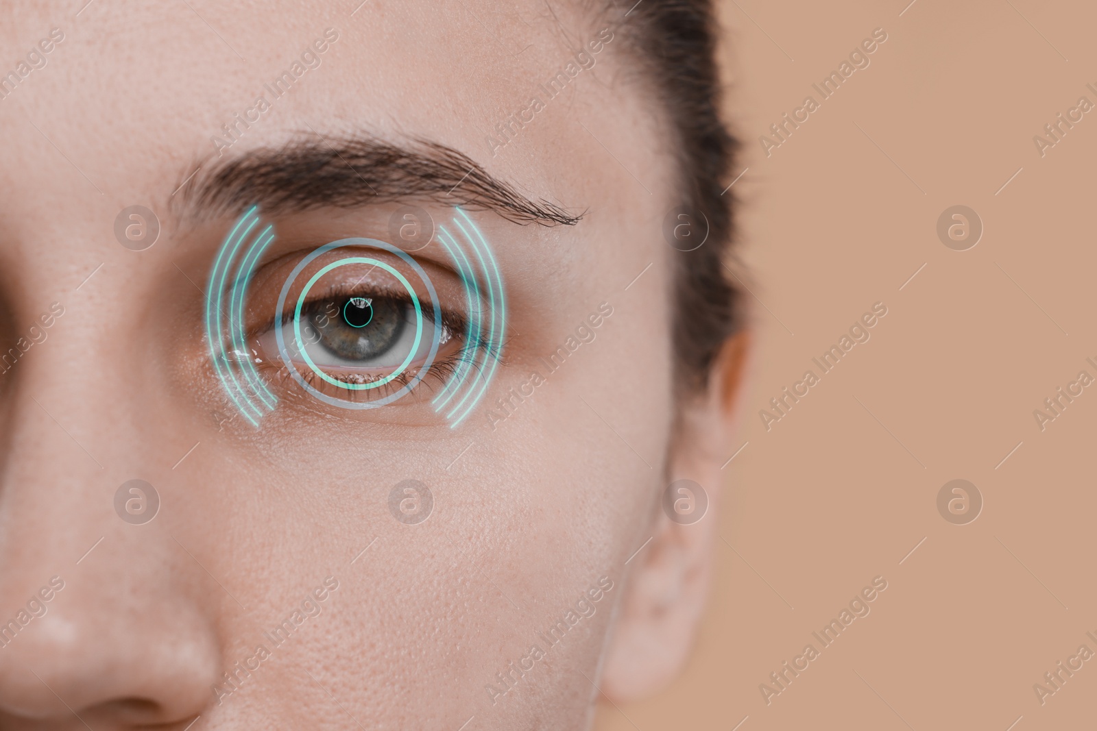 Image of Vision test. Woman and digital scheme focused on her eye against beige background, closeup