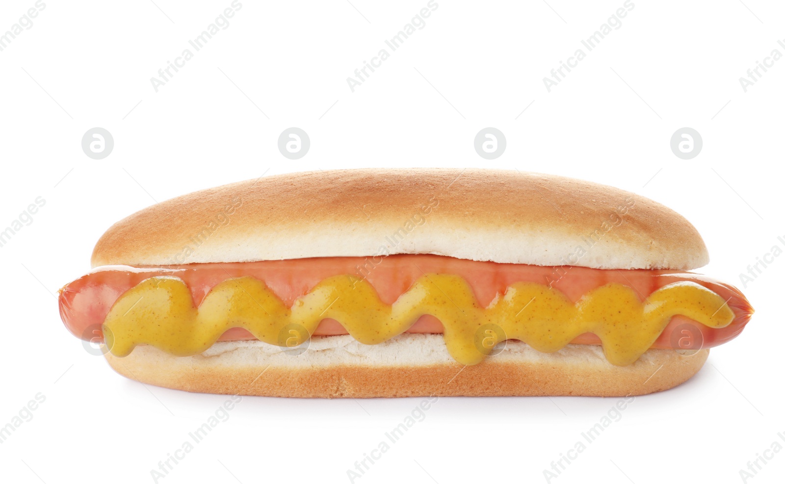 Photo of Tasty hot dog with mustard on white background