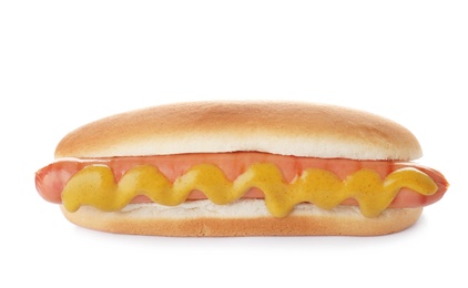 Tasty hot dog with mustard on white background