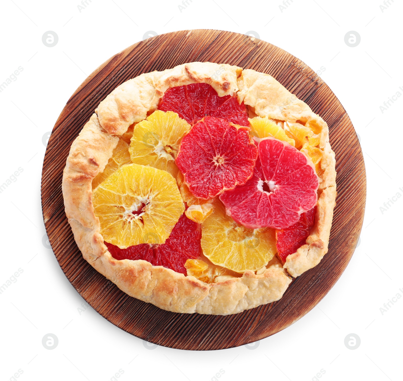 Photo of Delicious galette with citrus fruits isolated on white, top view