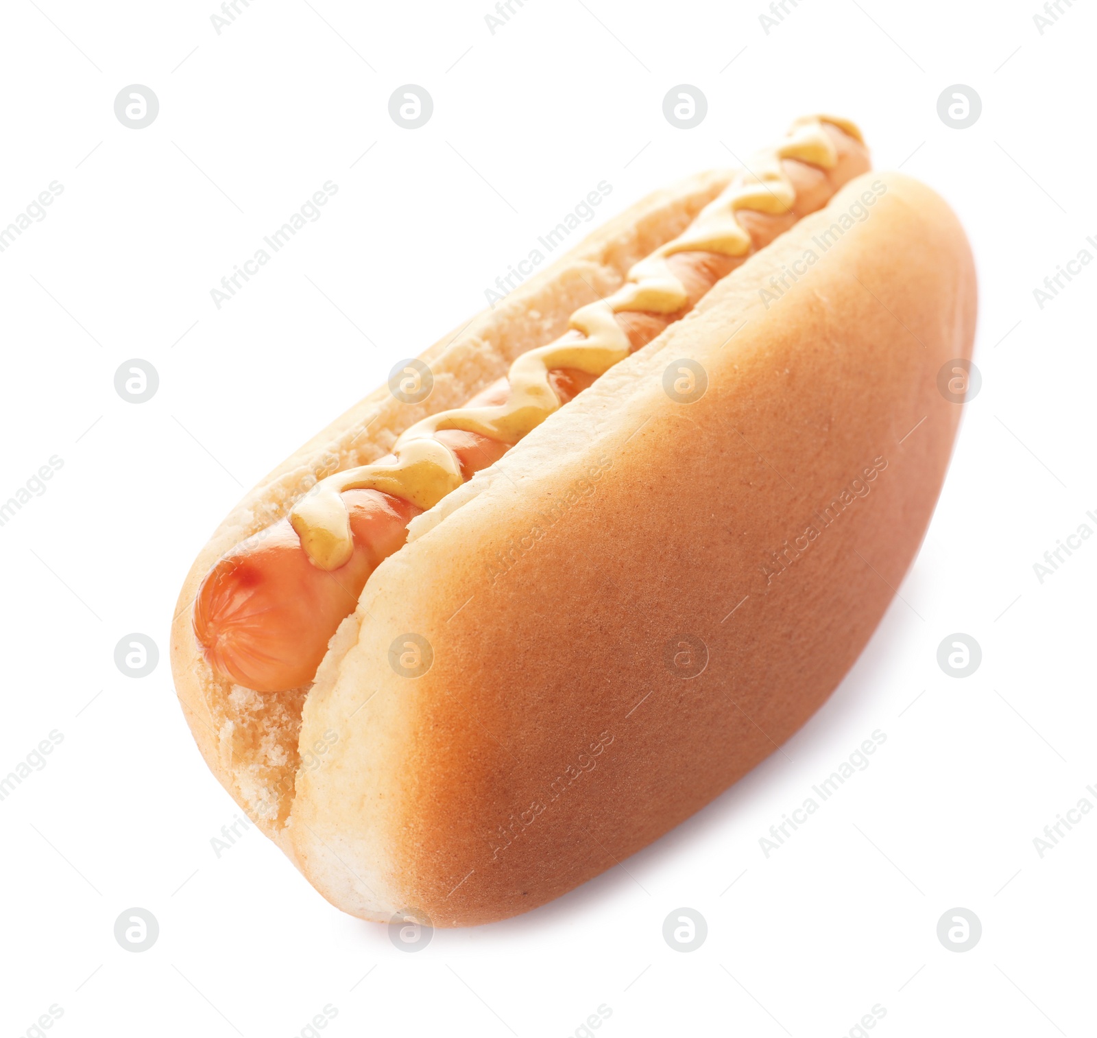 Photo of Tasty hot dog with mustard on white background