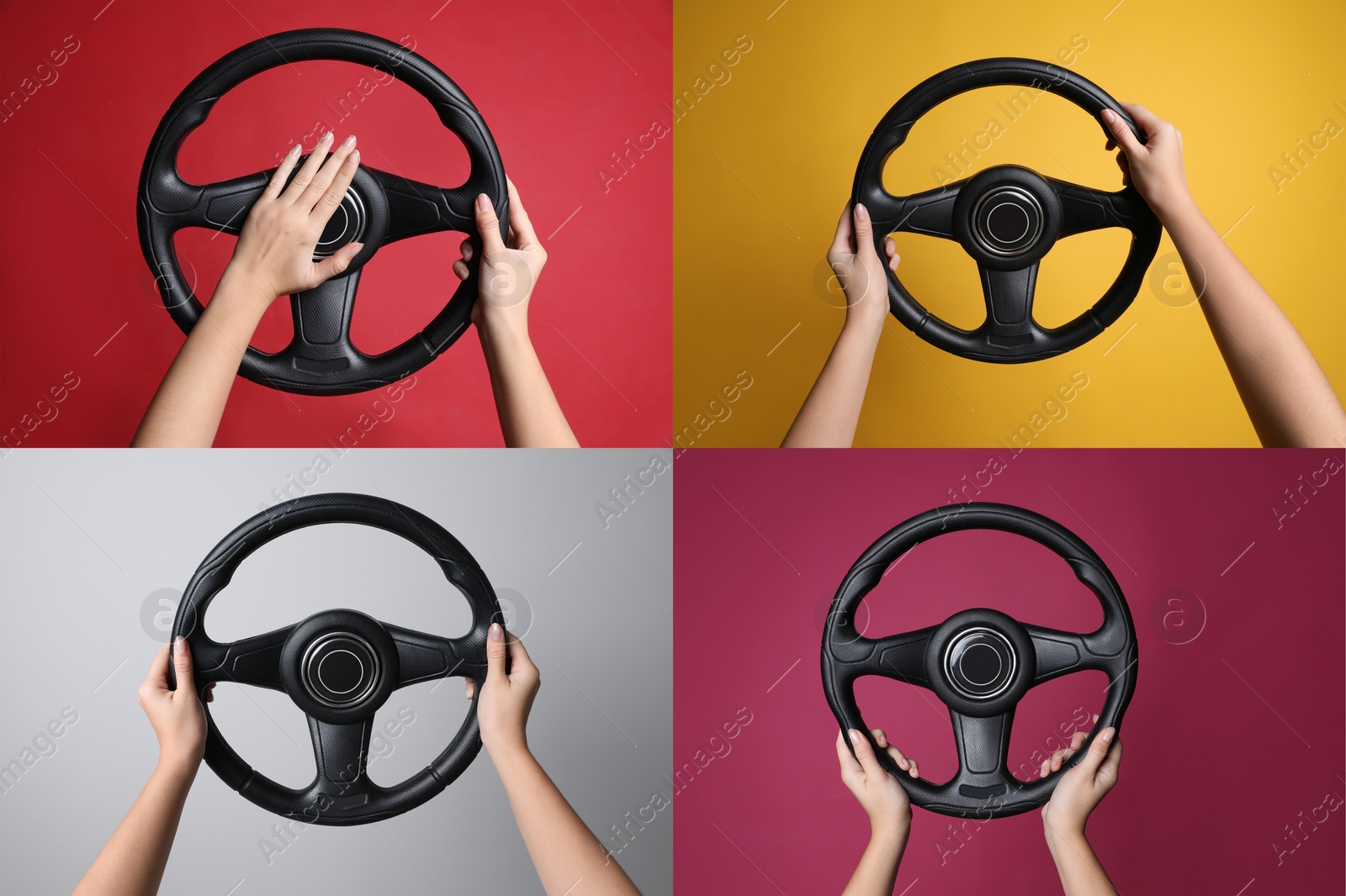 Image of Collage with photos of women with steering wheels on different color backgrounds, closeup 