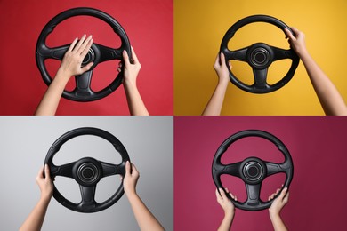 Collage with photos of women with steering wheels on different color backgrounds, closeup 