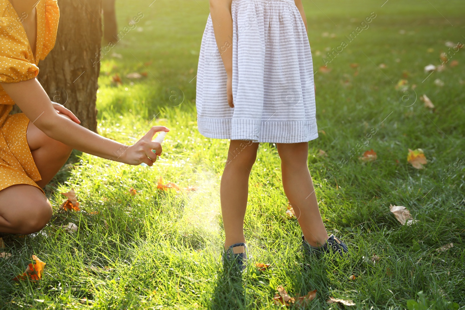 Photo of Mother applying insect repellent onto girl's leg in park, closeup