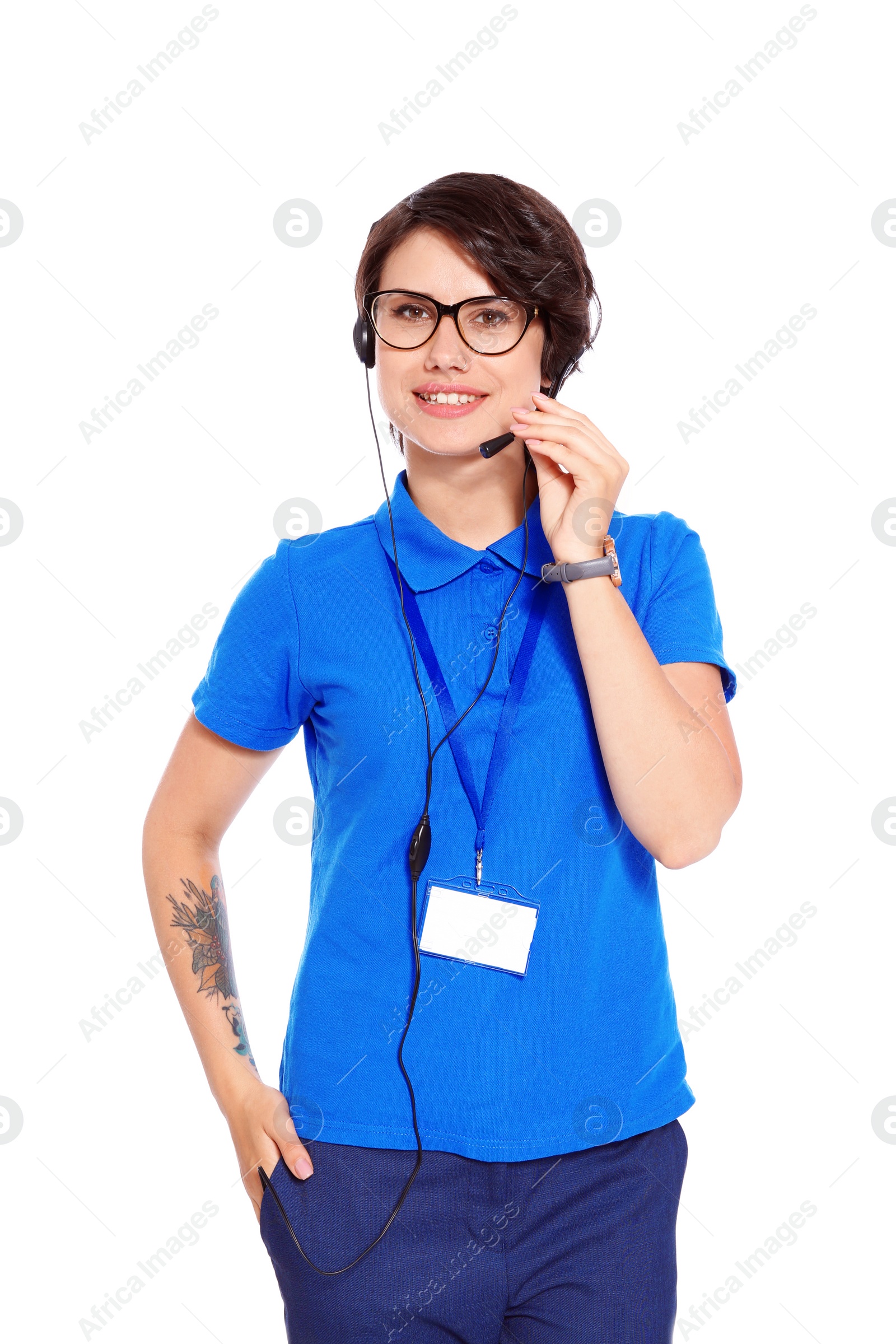 Photo of Female technical support operator with headset on white background