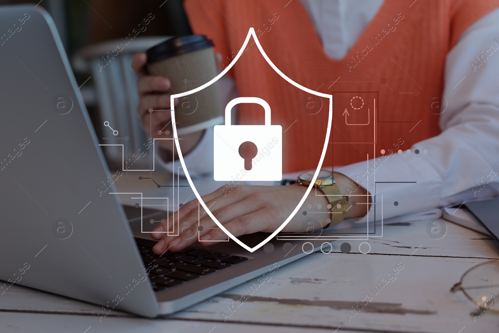 Image of Privacy protection. Woman using laptop at table, closeup. Digital scheme with illustration of padlock in shield