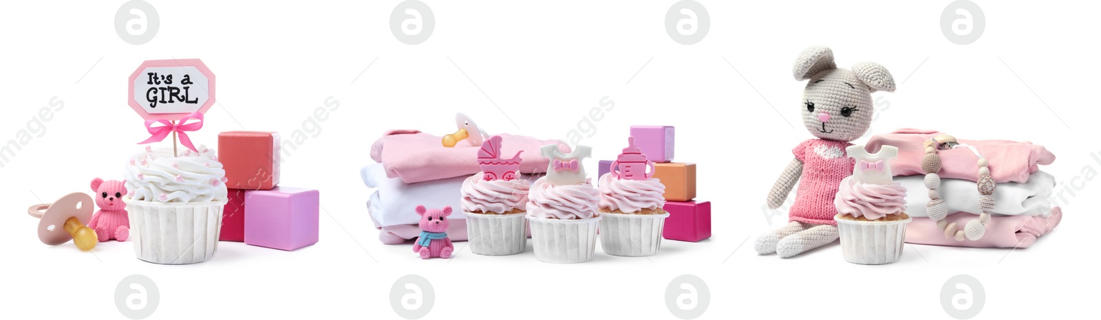 Image of Beautifully decorated baby shower cupcakes, toys and clothes for girl on white background, collage. Banner design