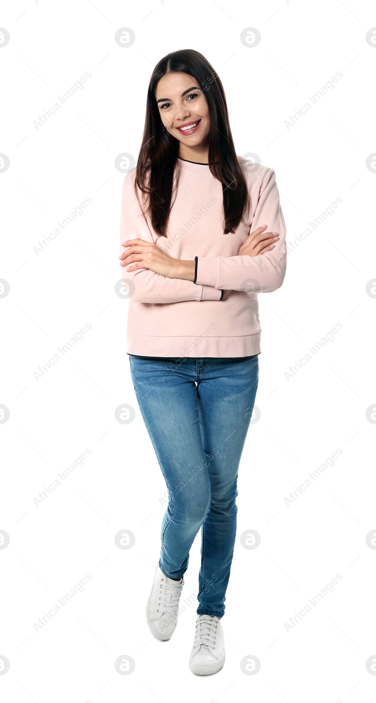 Photo of Full length portrait of pretty woman on white background