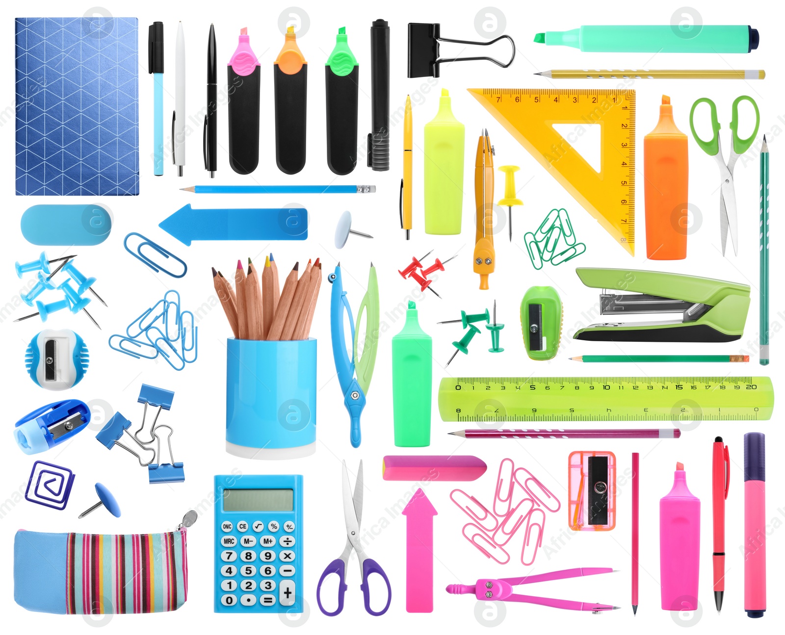 Image of Set of bright school stationery on white background