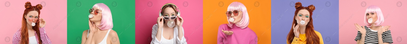 Image of Women blowing bubble gums on color backgrounds, set of photos