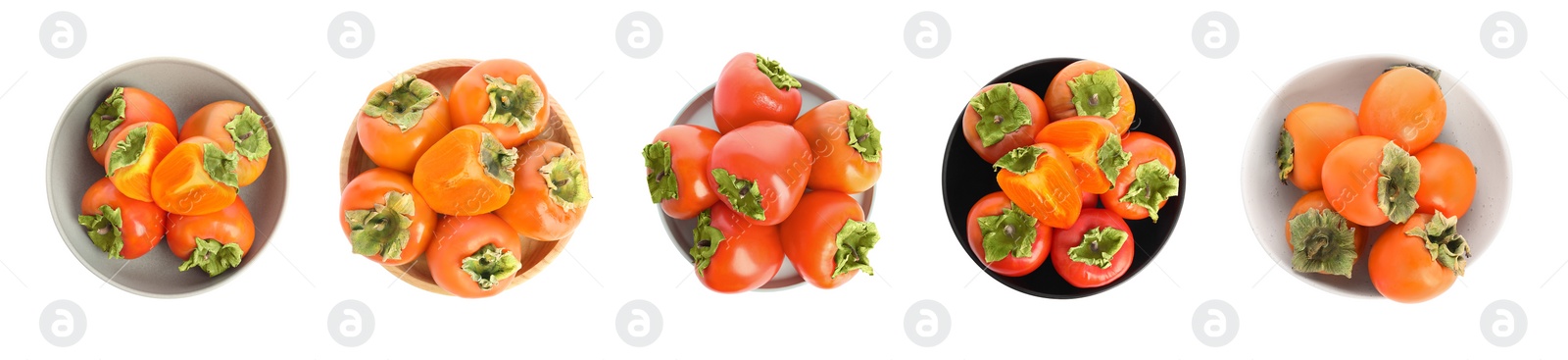 Image of Set of delicious fresh ripe persimmons on white background, top view. Banner design