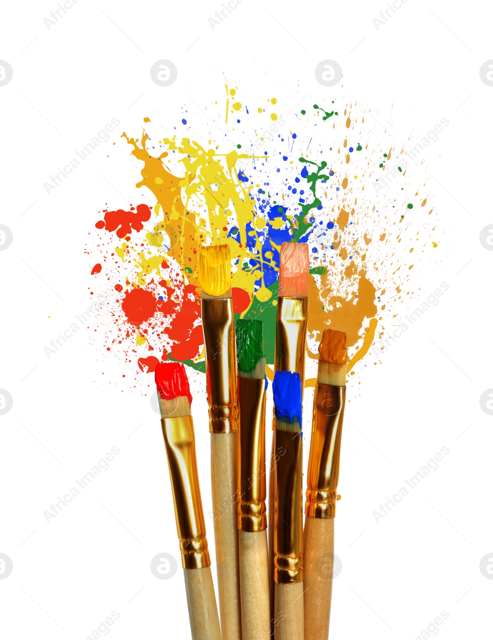 Image of Different brushes and paint splatters on white background