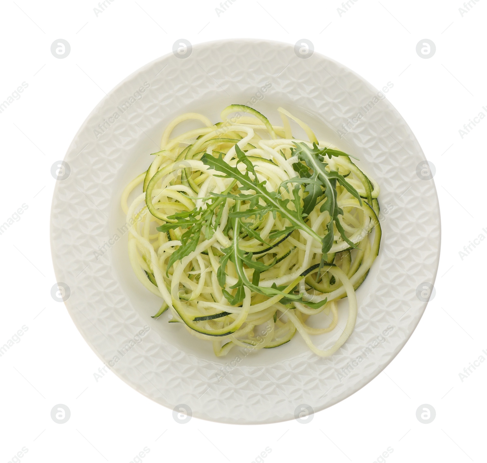 Photo of Tasty zucchini pasta with arugula isolated on white, top view