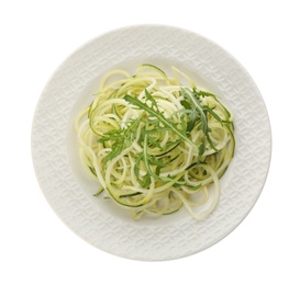 Photo of Tasty zucchini pasta with arugula isolated on white, top view