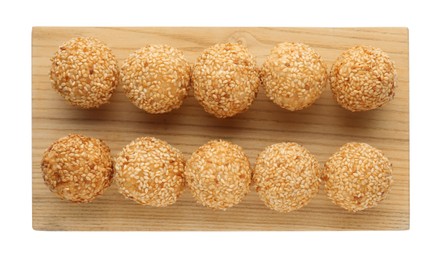 Delicious sesame balls on white background, top view