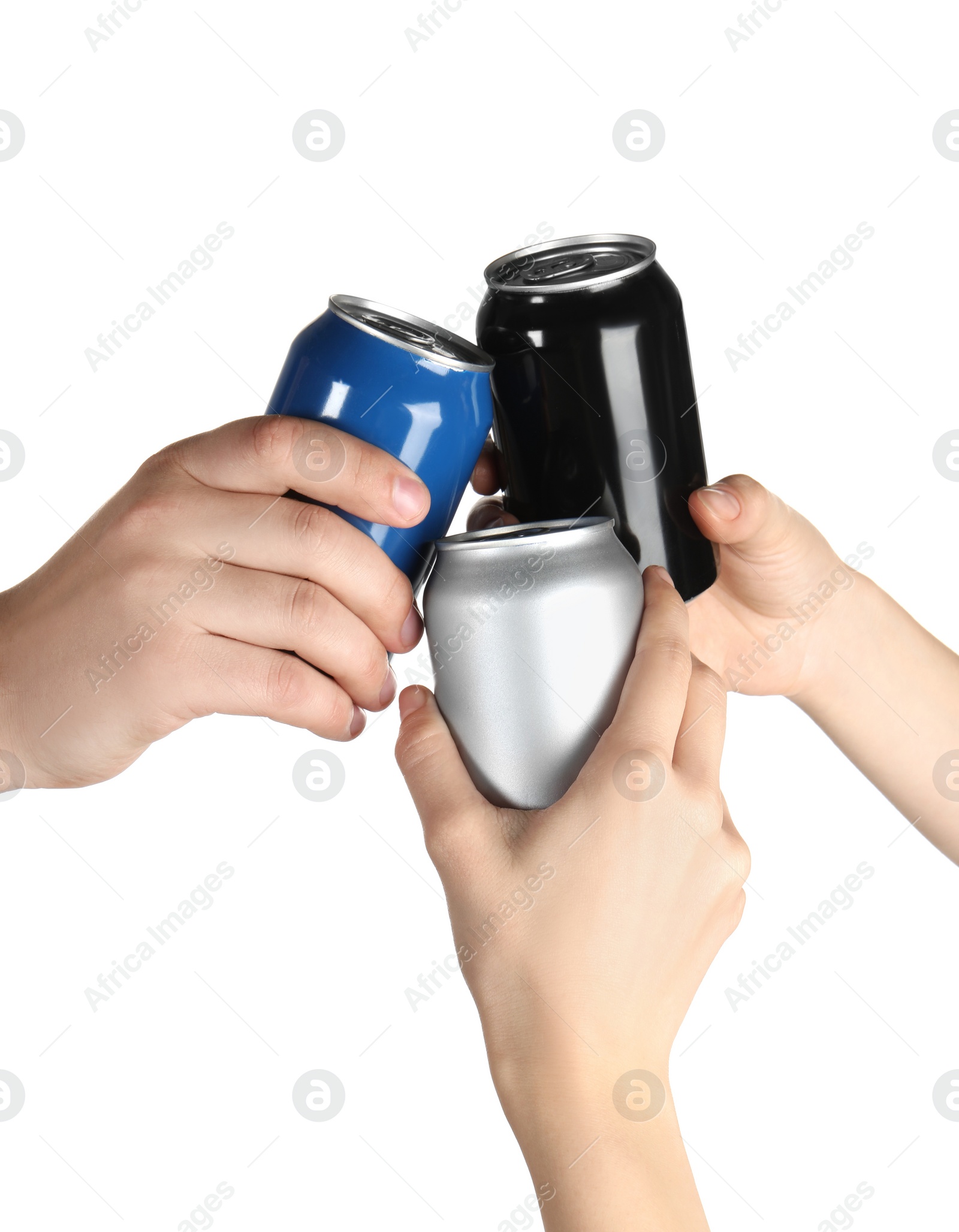 Photo of Friends clinking different cans on white background, closeup