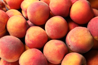 Photo of Many fresh peaches as background, top view