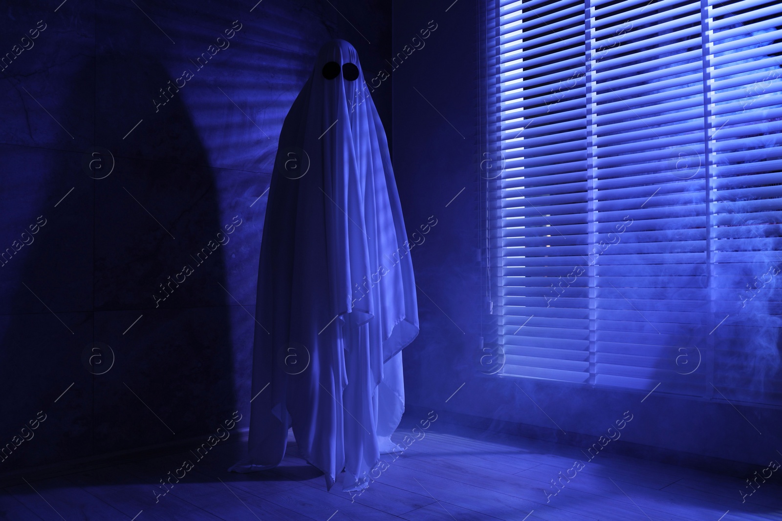 Photo of Creepy ghost. Woman covered with sheet near window in blue light