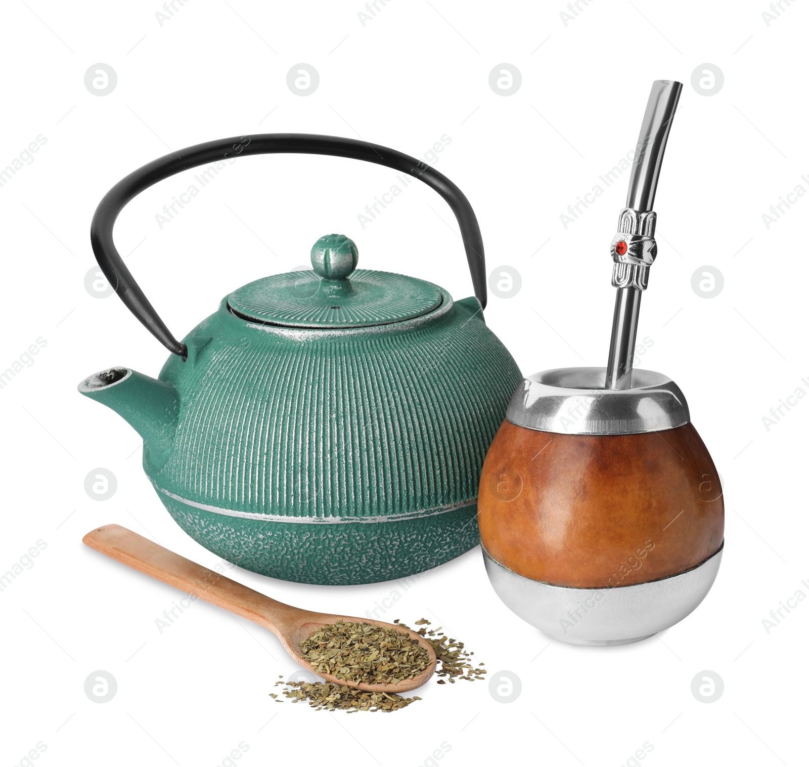 Photo of Calabash, bombilla, teapot and spoon with mate tea on white background