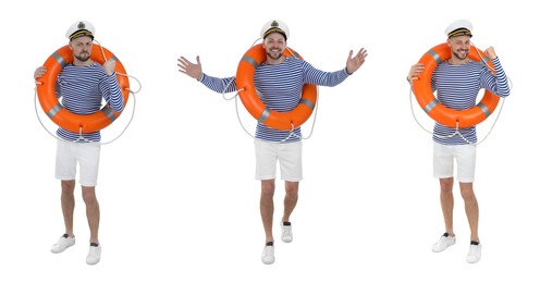 Image of Collage with photos of sailor with lifebuoy ring on white background