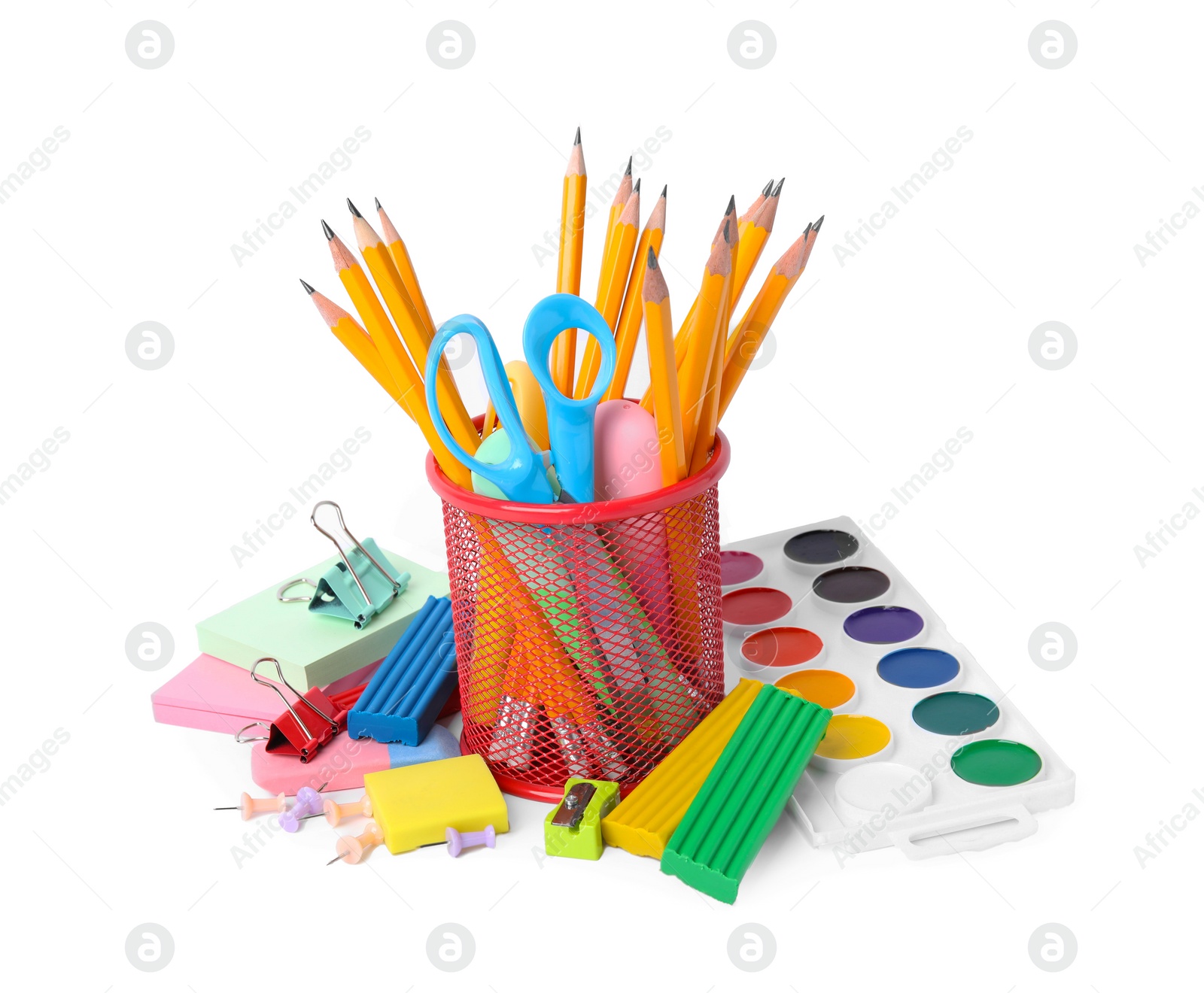 Photo of Many different school stationery on white background