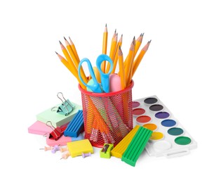 Many different school stationery on white background