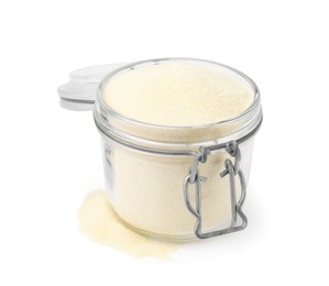 Photo of Jar with uncooked organic semolina isolated on white