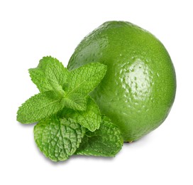 Image of Fresh ripe lime and green mint leaves isolated on white