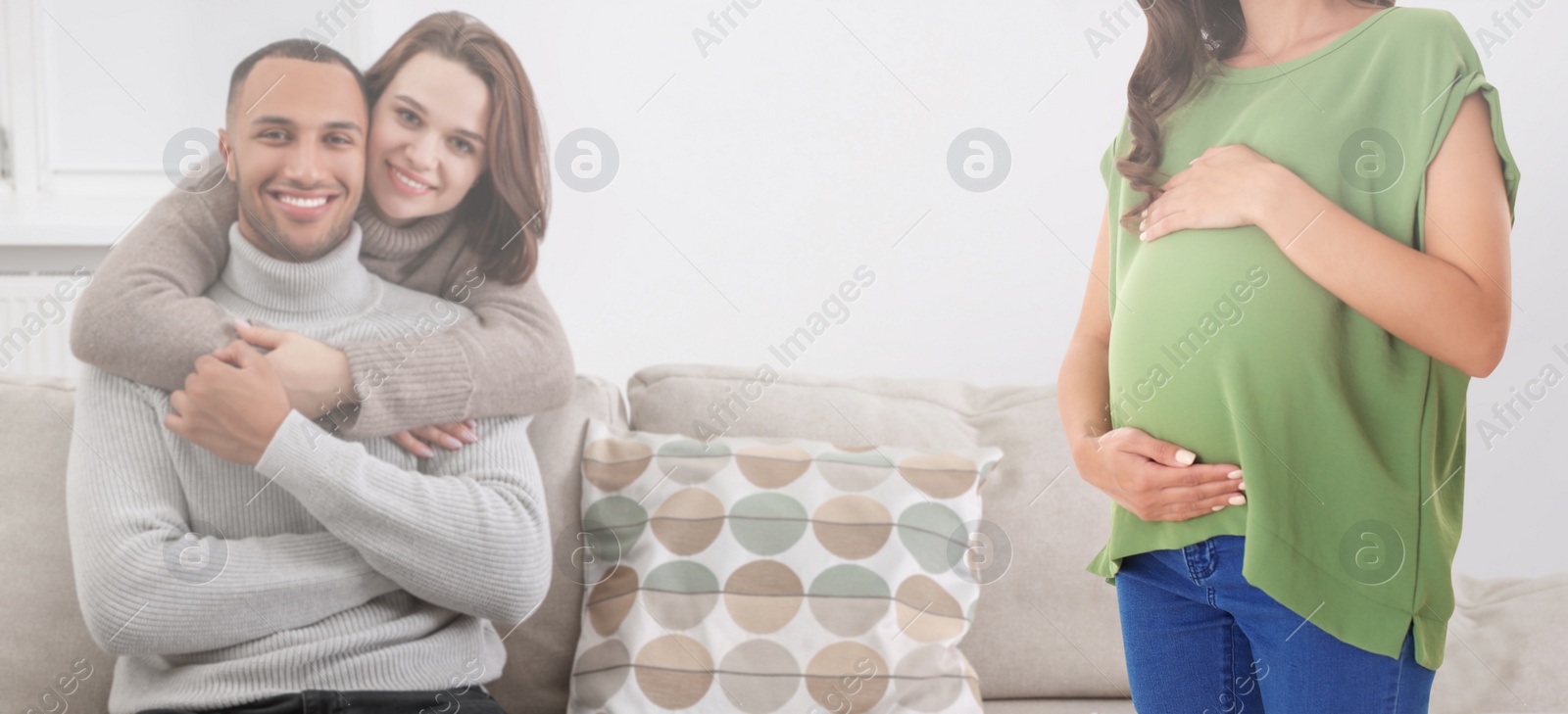 Image of Surrogate mother and intended parents indoors. Banner design