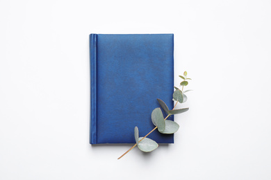 Notebook and eucalyptus on white background, top view. Color of the year 2020 (Classic blue)