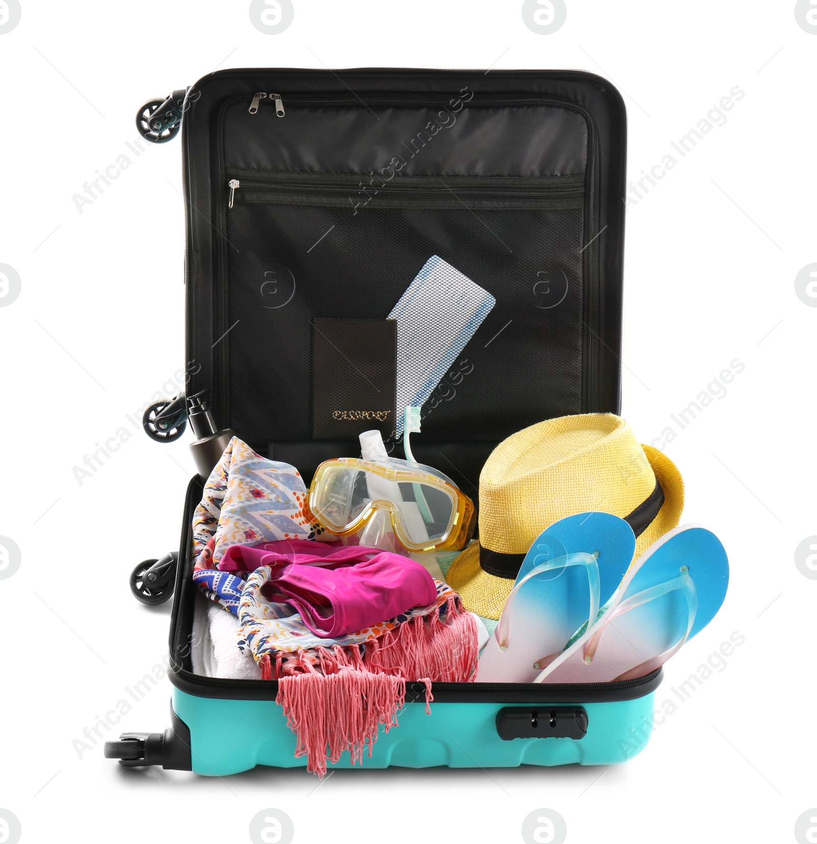 Photo of Packed suitcase with summer clothes and accessories on white background