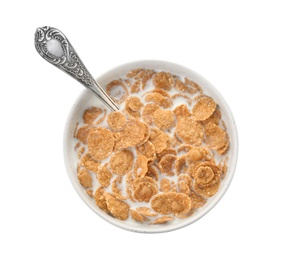Photo of Bowl with wheat flakes and milk on white background. Healthy grains and cereals