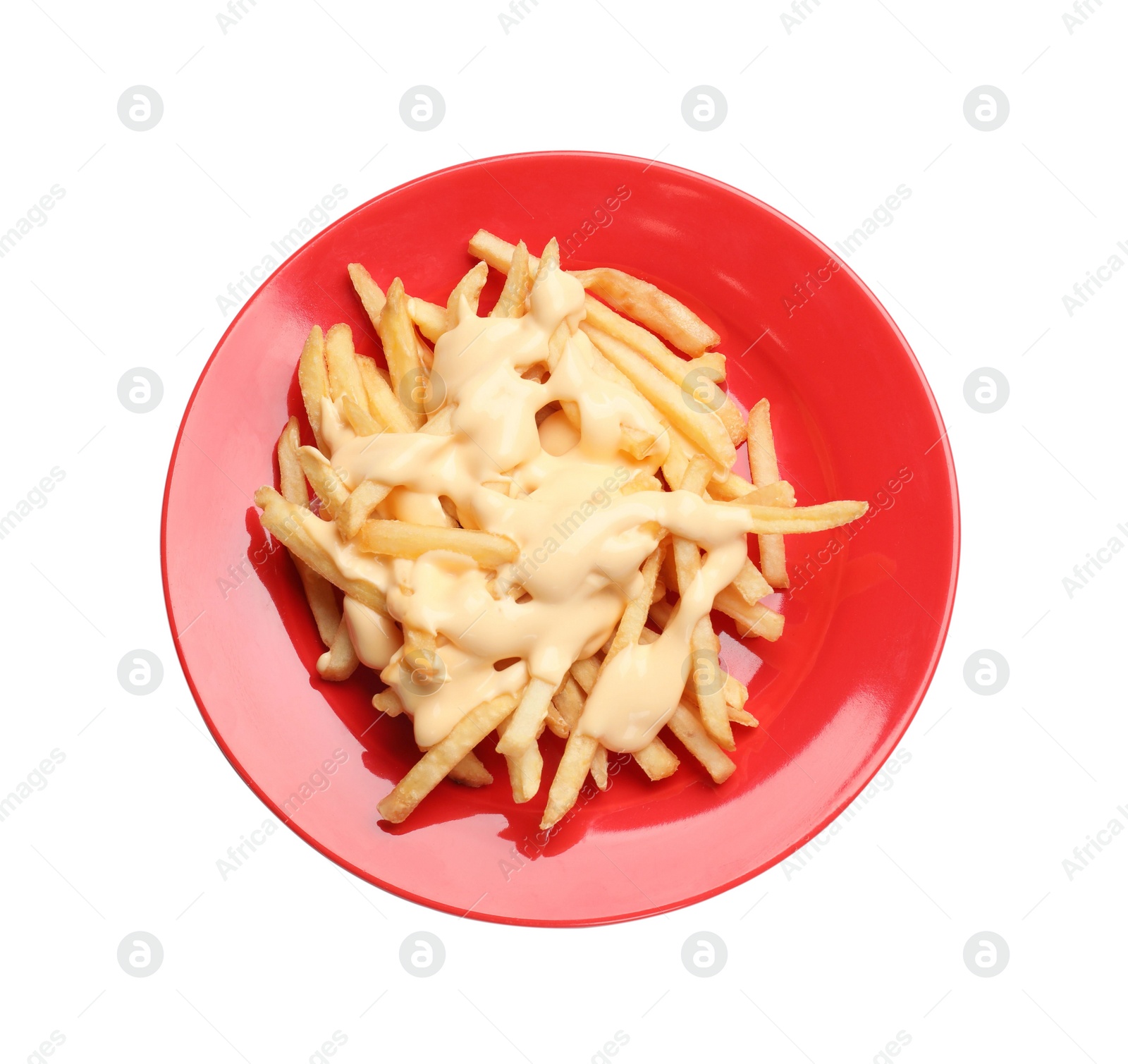 Photo of Delicious french fries with cheese sauce isolated on white, top view