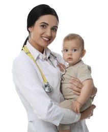 Photo of Young pediatrician with cute little baby on white background