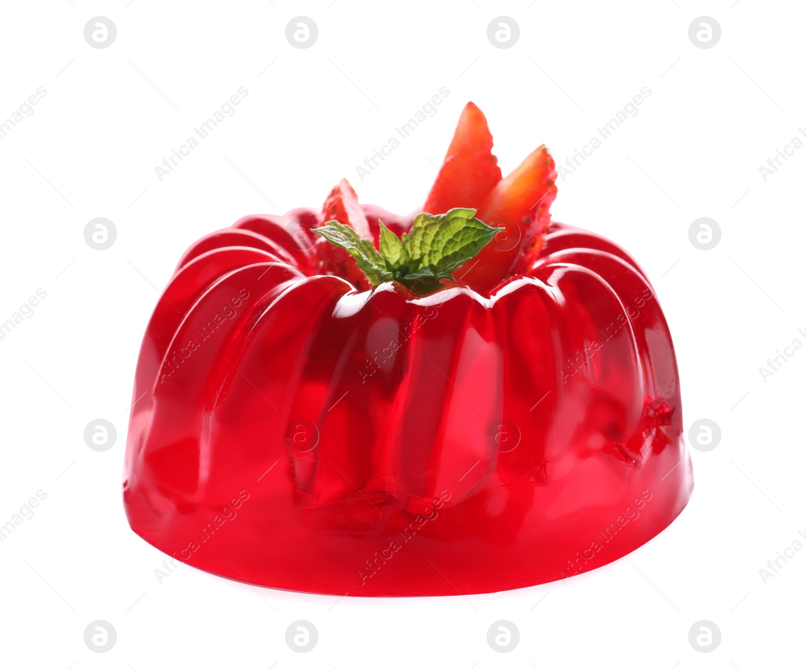 Photo of Delicious red jelly with strawberry and mint on white background