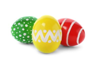 Photo of Decorated Easter eggs on white background. Festive tradition