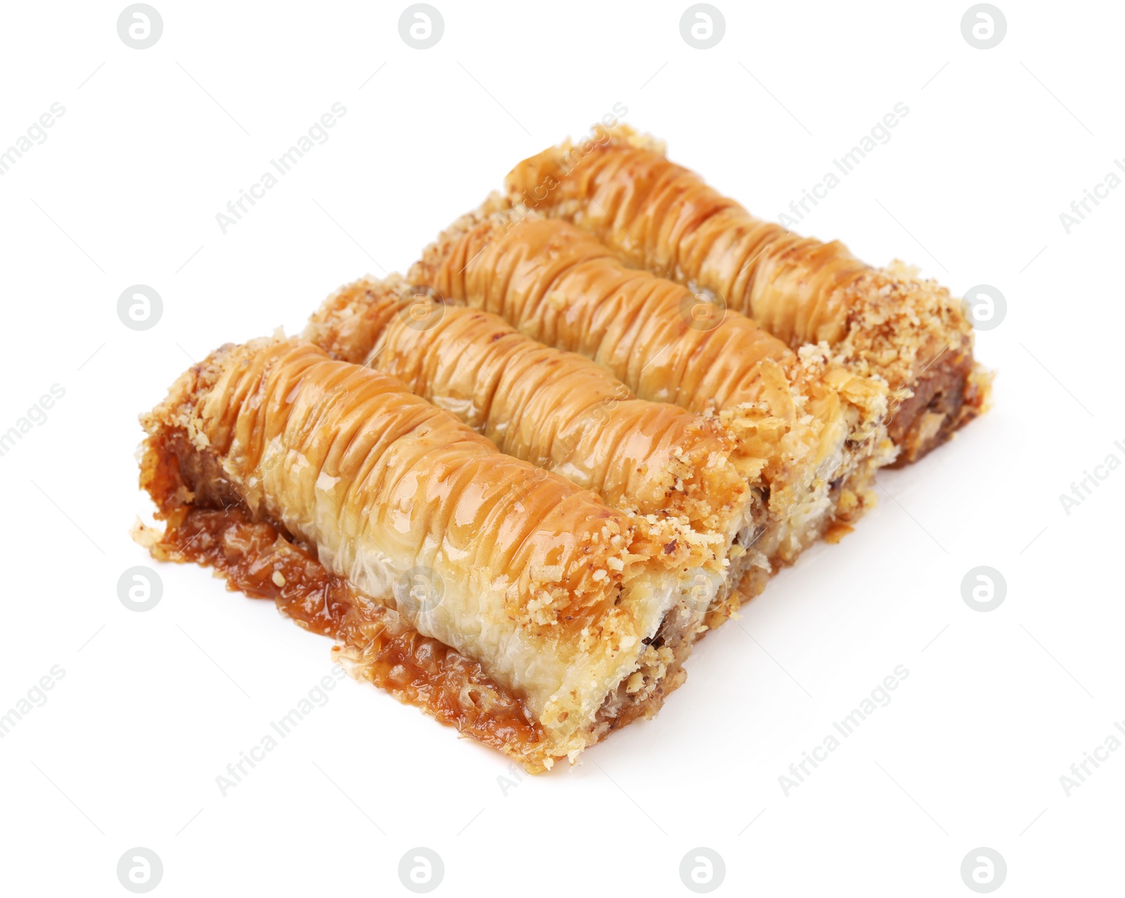 Photo of Eastern sweets. Pieces of tasty baklava isolated on white