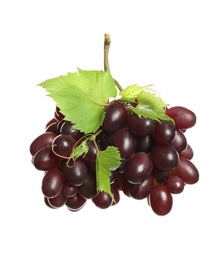 Photo of Bunch of fresh ripe juicy red grapes with leaves isolated on white