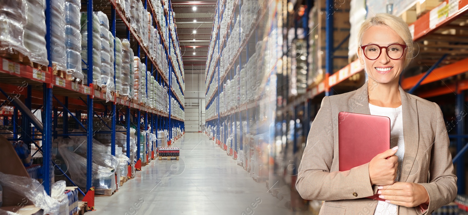 Image of Distribution. Happy manager with clipboard in warehouse, double exposure. Banner design