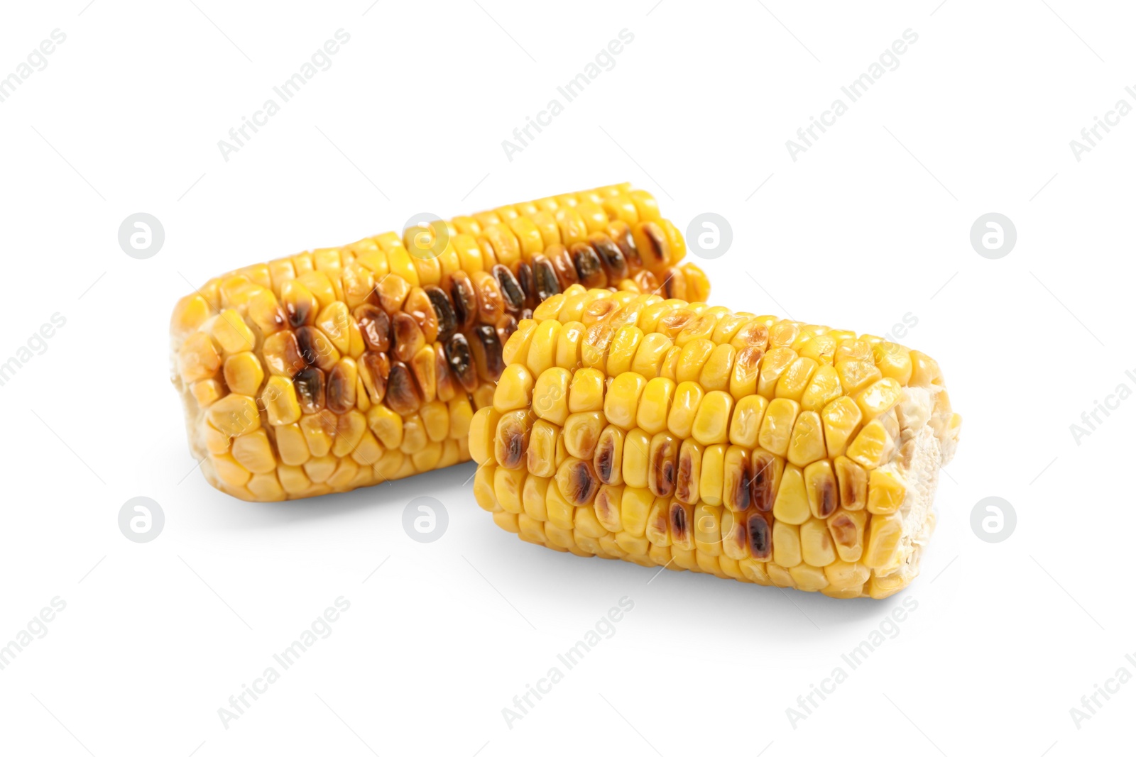 Photo of Tasty grilled corn cobs on white background