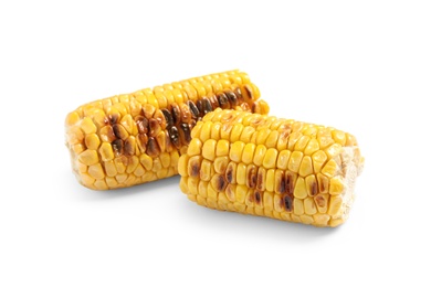 Photo of Tasty grilled corn cobs on white background